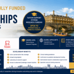 University of Cambridge PhD students working in a modern research laboratory with AI, medicine, and engineering visuals representing 2026 funded studentships in the UK