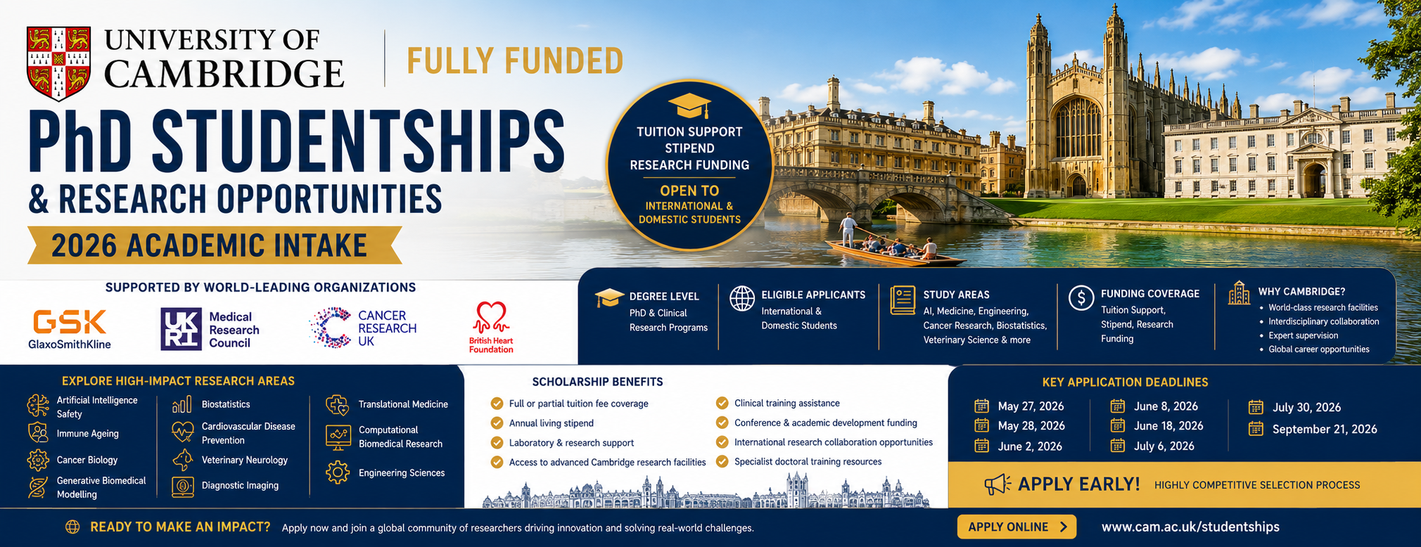 University of Cambridge PhD students working in a modern research laboratory with AI, medicine, and engineering visuals representing 2026 funded studentships in the UK