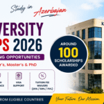 Khazar University Scholarships 2026 promotional banner showing fully funded and partial funding opportunities for international students in Azerbaijan with university campus background.