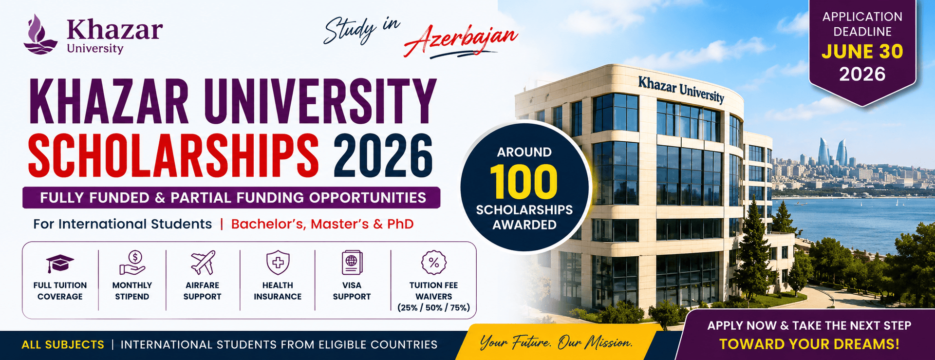 Khazar University Scholarships 2026 promotional banner showing fully funded and partial funding opportunities for international students in Azerbaijan with university campus background.