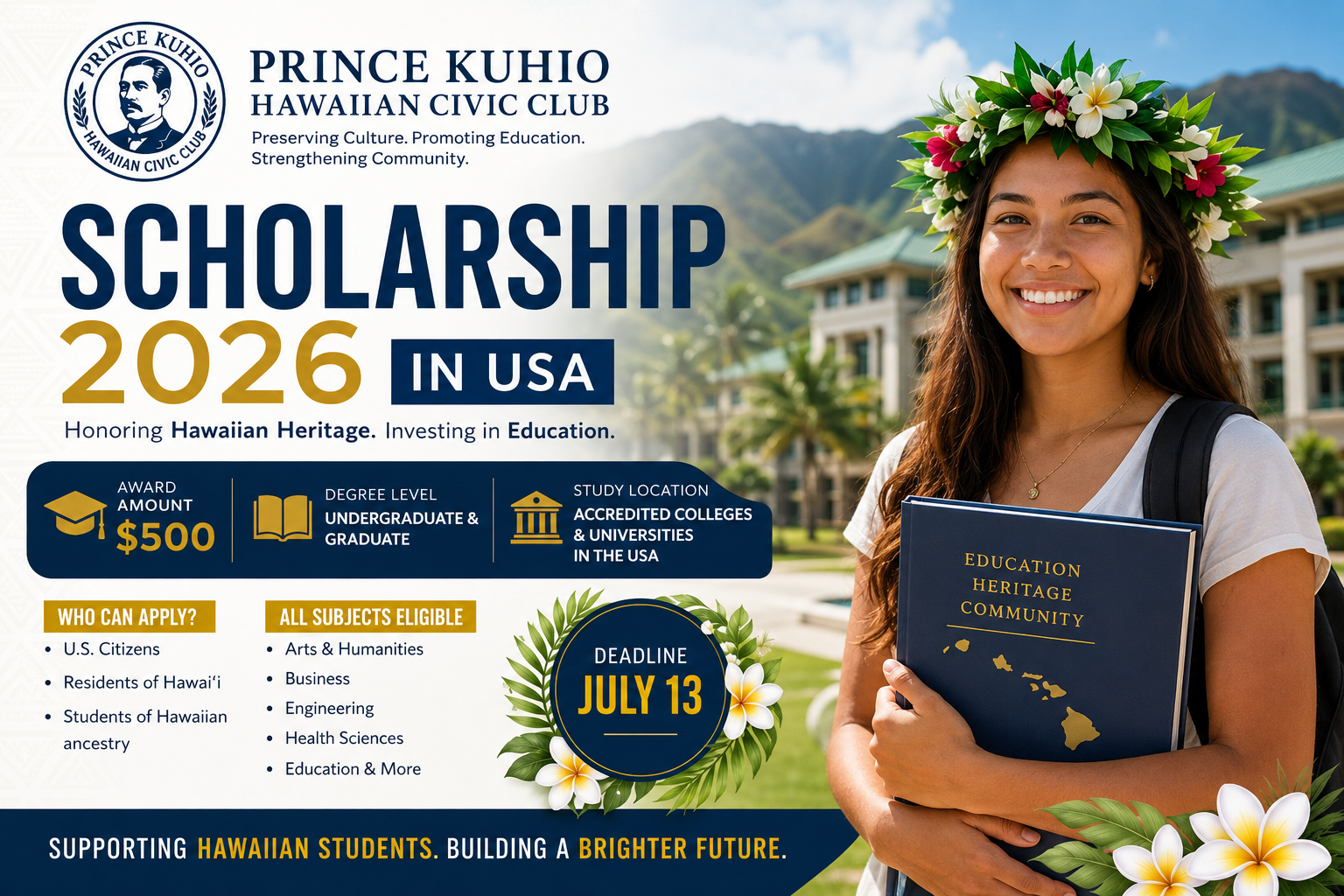 Prince Kuhio Hawaiian Civic Club Scholarship announcement for students in Hawaii USA