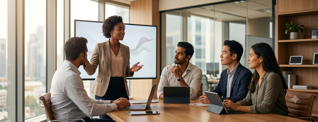 A diverse group of five professionals in business casual attire engaged in a productive meeting inside a modern high-rise office boardroom. A Black woman stands confidently at the head of a wooden conference table, gesturing with her hands while speaking to four colleagues who are listening attentively. The room features large floor-to-ceiling windows showing a blurred cityscape, a digital presentation screen in the background,