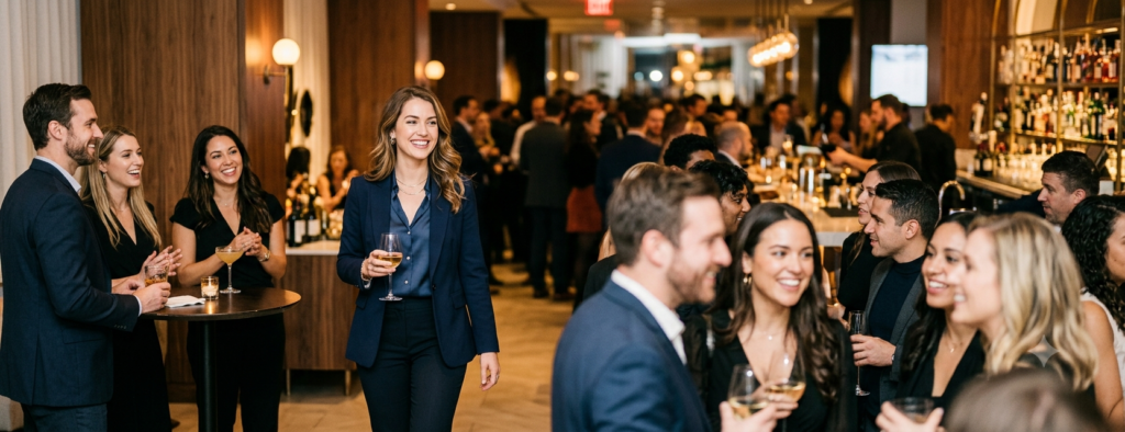 A confident woman in a sharp navy blue suit smiles warmly as she walks through a vibrant, upscale networking event, effortlessly drawing the positive attention of nearby guests in a modern lounge.