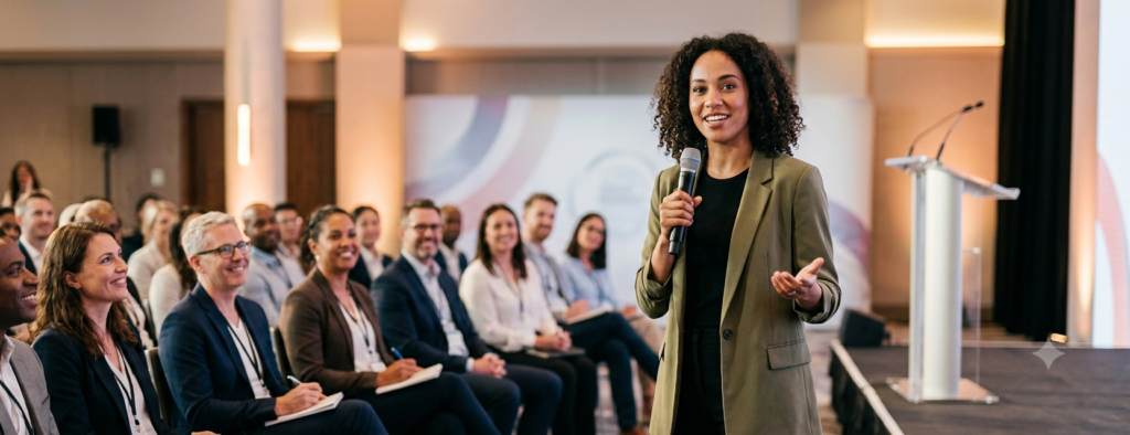A wide, cinematic photograph of a confident woman with curly hair speaking passionately into a microphone at a professional seminar. She is wearing a stylish olive-green blazer and stands on a stage next to a sleek podium. In the background, an engaged and diverse audience sits in rows, smiling and taking notes in a well-lit conference hall.