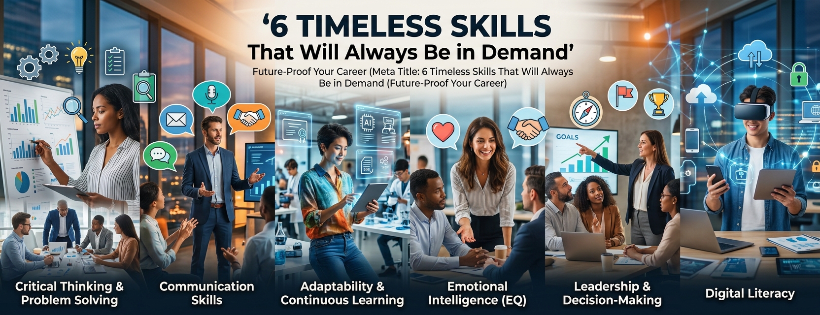 Professional developing timeless skills including leadership, communication, critical thinking, adaptability, emotional intelligence, and digital literacy.