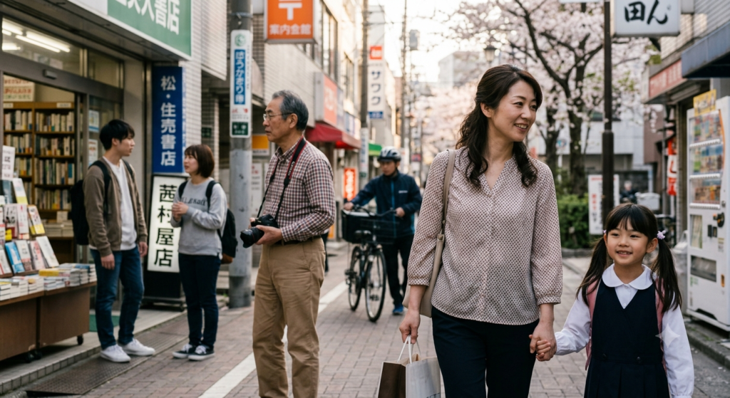 A candid, photorealistic image of a Japanese street scene capturing a mother walking hand-in-hand with her young daughter in a school uniform, showcasing a cross-generational community with students and an elderly man near a bookstore under cherry blossom trees.
