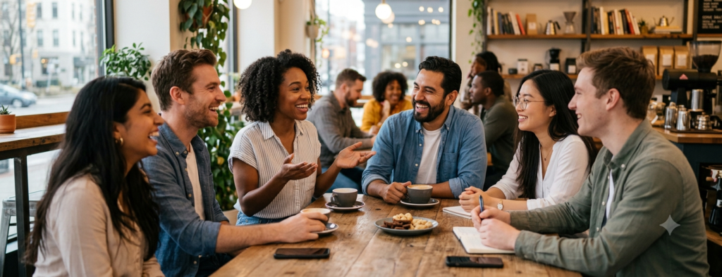 A wide-angle, realistic photograph of a diverse group of young professional men and women sitting around a large rustic wooden table in a bright, modern cafe. They are engaging in a lively conversation, laughing, smiling, and practicing open body language and active listening while holding coffee cups. The image has a clean, premium panoramic layout with a 1920x739 aspect ratio.