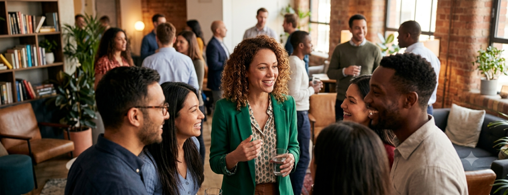 A wide landscape banner image showing a diverse group of professionals interacting at a lively networking event or social gathering in a modern, sunlit loft space. A charismatic woman with curly hair wearing a vibrant green blazer stands at the center, smiling warmly and engaging a small group of people in conversation, embodying confidence and positive energy without any text overlays.