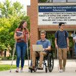 Here are the optimized, Google-standard metadata fields for the image watermarked_img_12897268721977396521.png, focusing on accessibility (SEO best practices), clarity, and concise data structure. Alt Text Alt Text: Four diverse college students with disabilities smile and converse while walking on a sunny campus pathway next to a brick sign displaying information about the AIM Center for Independent Living Scholarship.