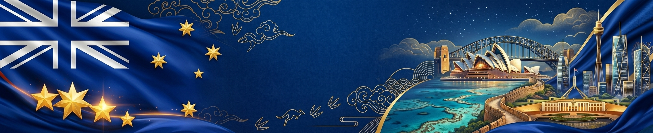A wide, panoramic digital illustration with an ornate gold frame effect, featuring a rippling Australian flag with the Southern Cross made of golden stars on the left. The central blue space contains gold line drawings of a jumping kangaroo, a koala, a kookaburra, and a duck-billed platypus, alongside traditional cloud motifs. On the right, a detailed, golden-hued stylized landscape features a Great Wall-like path leading to the Sydney Opera House and Harbour Bridge on a blue waterway, with Parliament House and modern skyscrapers in the distance. The entire scene has a rich blue and gold color palette with silk-like textures.
