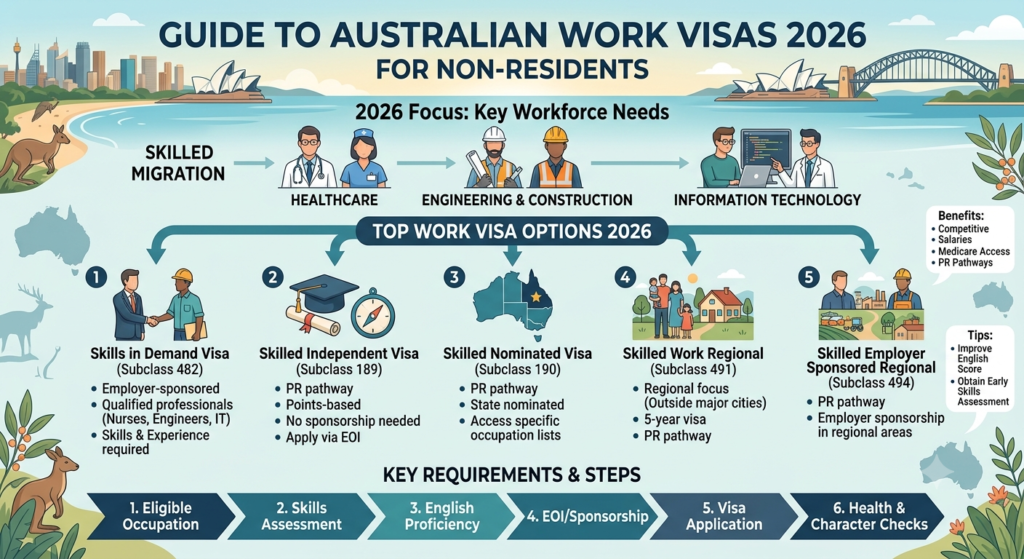 Australian Work Visas 2026 guide for non-residents showing skilled workers in front of the Sydney Opera House.