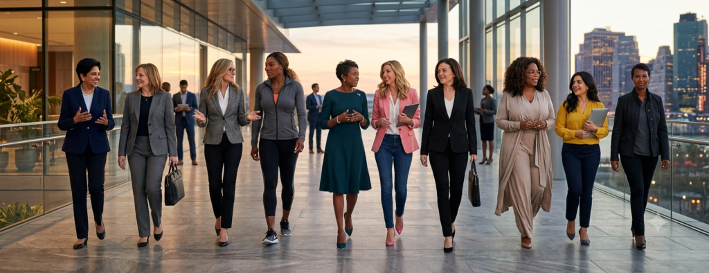 A panoramic, wide-angle photograph capturing a diverse group of ten professionally dressed women walking confidently side-by-side on an outdoor glass-walled balcony or terrace during sunset. The women represent various backgrounds and are dressed in stylish corporate and smart-casual attire, engaged in positive conversation with one another. A modern city skyline and a glowing sunset form the background.