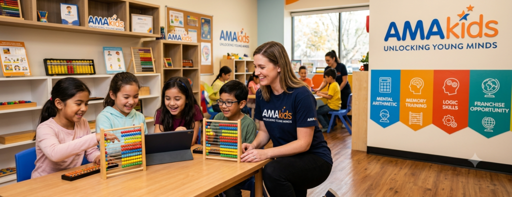 Here are the image assets for your post, based on the generated image watermarked_img_7762797342515727694.png: Alt Text A wide 1920x739 banner image of a bright, modern AMAkids educational franchise center. A smiling female instructor in a navy blue AMAkids t-shirt guides four young, diverse children (around 6 to 9 years old) sitting at a wooden table. They are enthusiastically using traditional abacuses and a tablet for mental math. The classroom features light wood flooring, shelving filled with educational toys, and a prominent wall display featuring the AMAkids logo with the tagline "Unlocking Young Minds" alongside colorful icons for Mental Arithmetic, Memory Training, Logic Skills, and Franchise Opportunity.