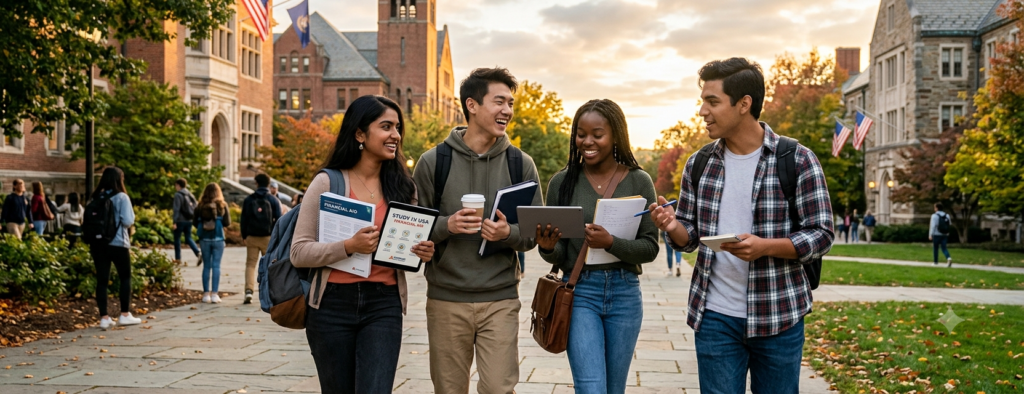 A panoramic photograph of a diverse group of four international university students walking and laughing together on a historic American college campus path during sunset. The students are carrying backpacks, notebooks, and a tablet, with classic brick and stone university buildings and an American flag visible in the background.