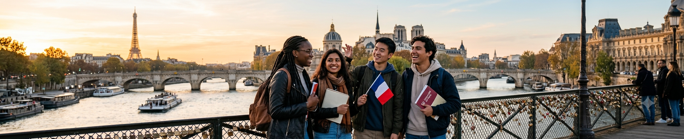 A wide, panoramic banner featuring a diverse group of four smiling international college students standing on a bridge in Paris, holding notebooks and a small French flag. The background showcases the Seine River with boats, historic bridges, and the Eiffel Tower under a warm sunset sky.