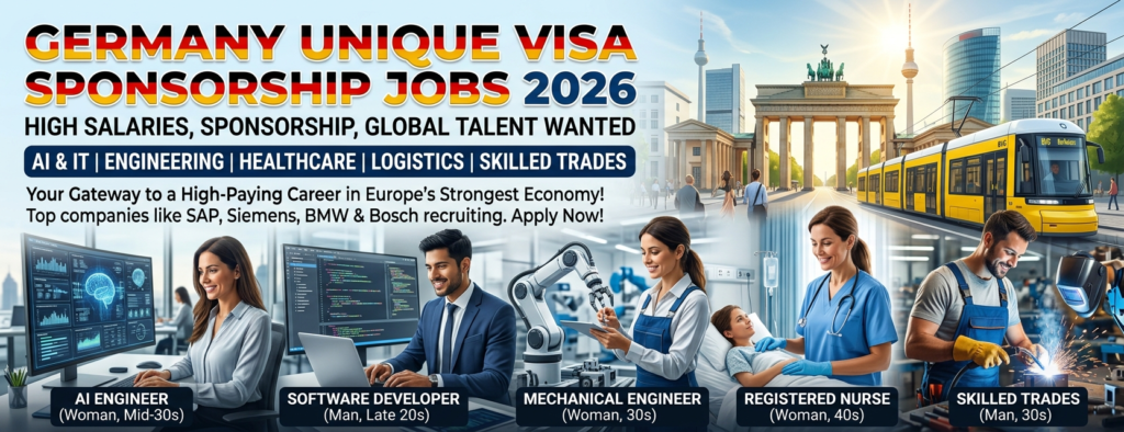 Professional international workers in Germany discussing high-paying visa sponsorship job opportunities in a modern office.