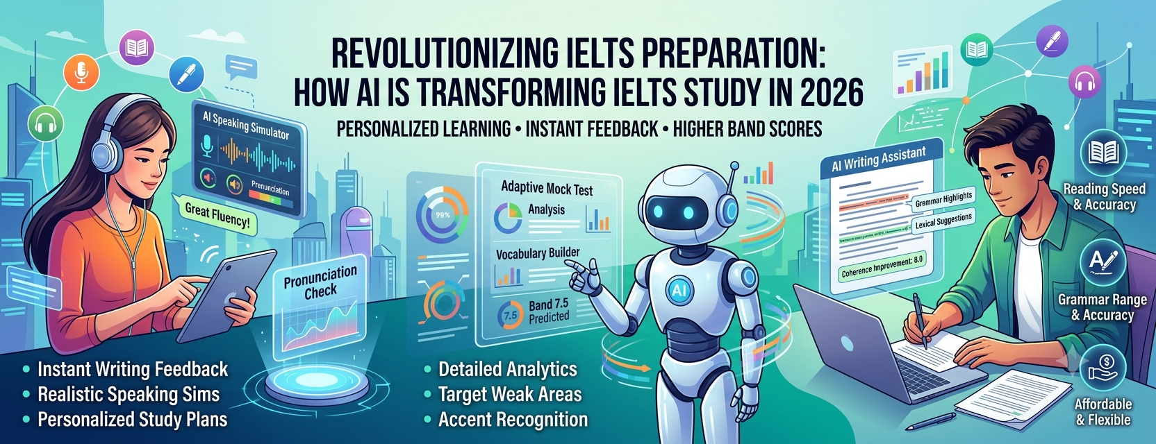 Student preparing for the IELTS exam using AI-powered learning tools, personalized study plans, and online practice in 2026.