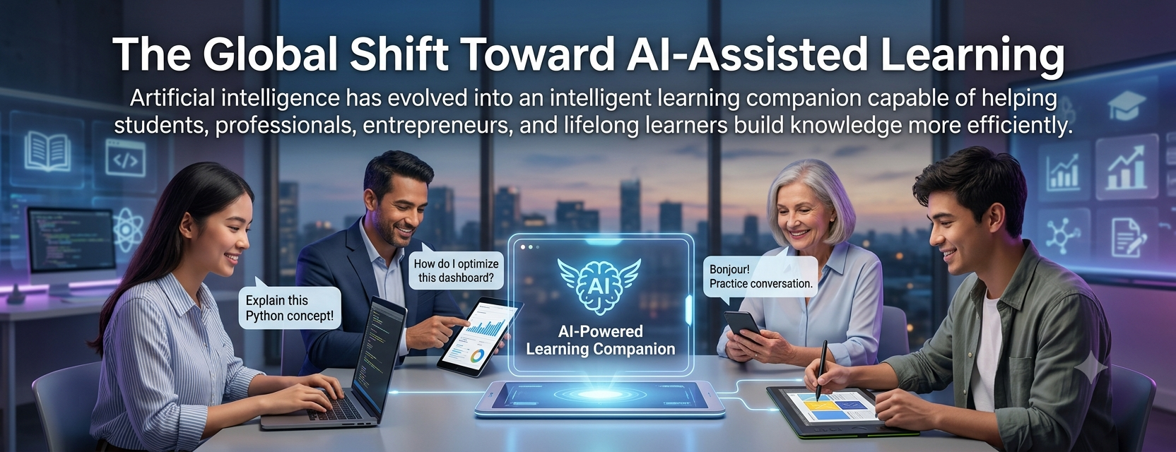 Student using artificial intelligence to learn new skills on a laptop with personalized AI learning assistance.