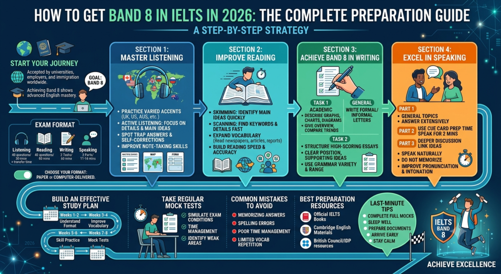 Student preparing for the IELTS exam with study materials, laptop, and practice tests to achieve a Band 8 score.