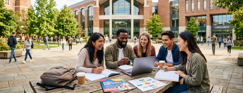 A panoramic, wide-angle photograph of a diverse group of five smiling university students gathered around an outdoor wooden picnic table on a sunny campus courtyard. They are actively studying, looking at a laptop, writing in notebooks, and looking at a brochure titled "Global Scholarships 2026." In the background, a large brick university building and other students walking on campus are softly blurred.
