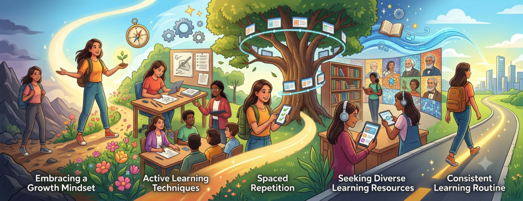 Person studying with books, laptop, and notes while practicing effective learning strategies to improve knowledge and personal growth.