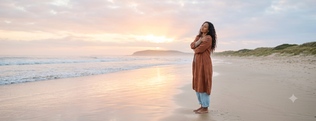 A panoramic image of a woman standing on a serene beach at sunrise, gently wrapping her arms around herself in a self-hug with her eyes closed, embodying peace and self-love.