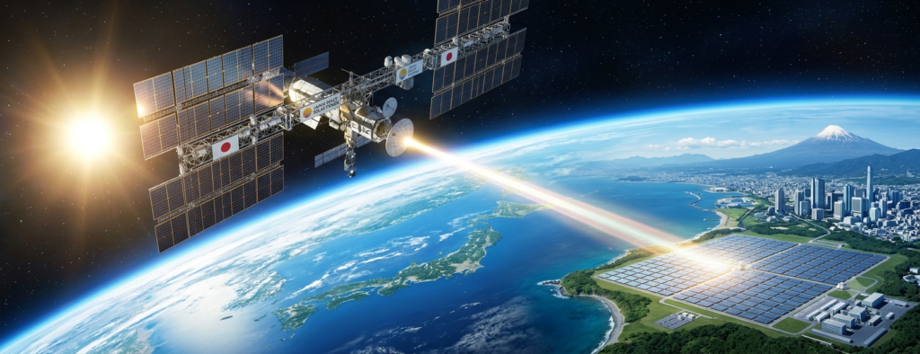 Wide-angle digital artwork of a massive solar power satellite in space orbiting Earth, beaming a glowing stream of energy down to a large coastal receiving grid in Japan, with Mount Fuji and a modern city visible in the background.