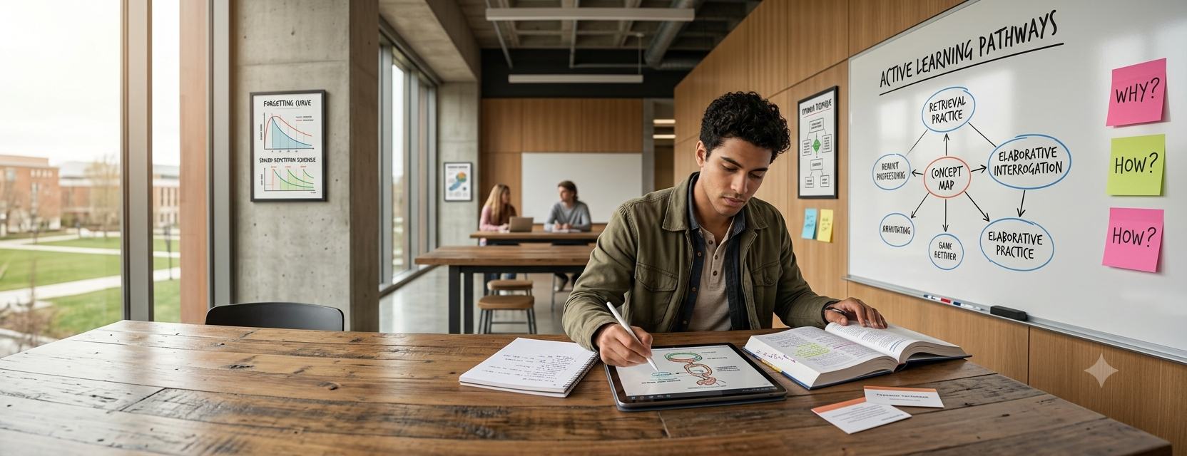 A university student actively studying at a wooden desk in a modern campus library, sketching a biology diagram on a tablet next to an open textbook. In the background, a large whiteboard displays a mind map titled "Active Learning Pathways" with colorful sticky notes.