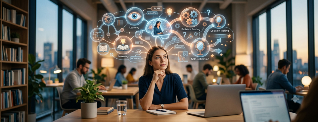 A wide banner image showing a woman sitting at a desk in a busy, modern open-plan office, looking thoughtfully upward as a glowing, transparent map of interconnected cognitive concepts (like "Learning," "Problem Solving," and "Self-Reflection") hovers around her head, symbolizing metacognition.