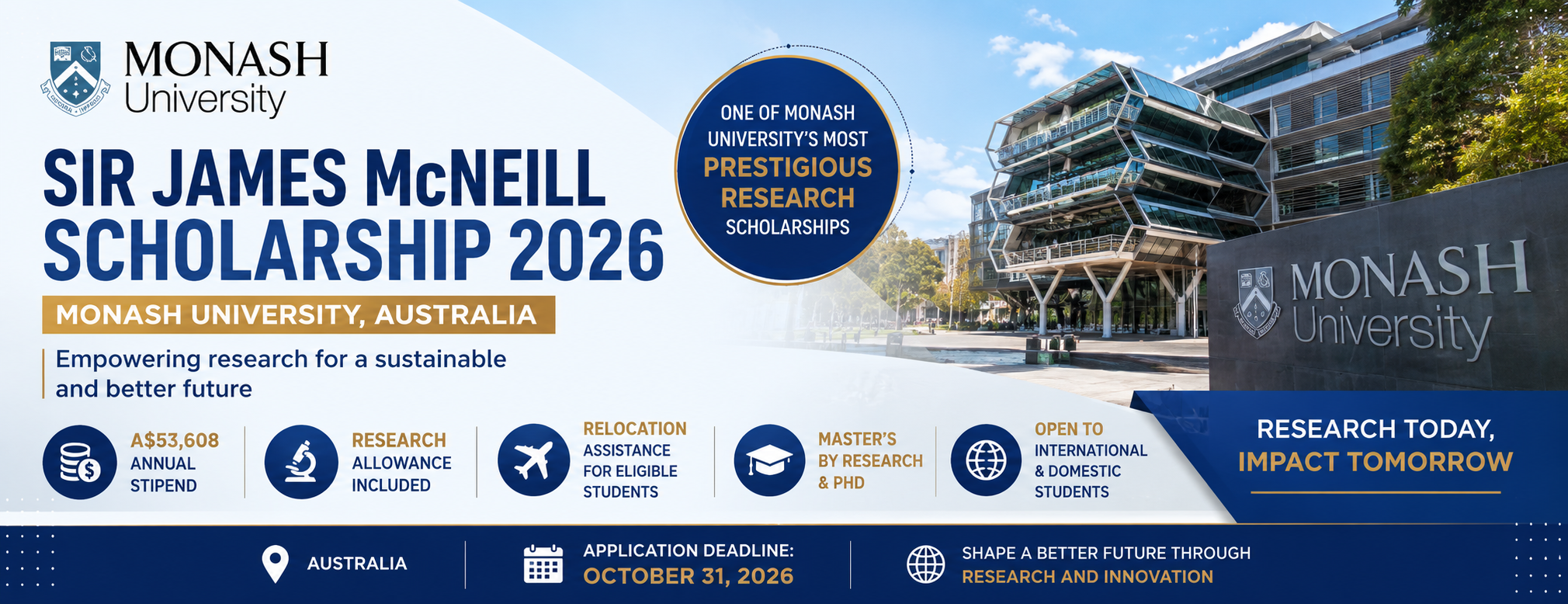 Monash University Sir James McNeill Postgraduate Research Scholarship 2026 in Australia for Master's and PhD students.