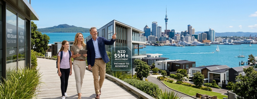 Modern Auckland skyline with business district, investor reviewing financial documents, and New Zealand flag symbolizing the Active Investor Plus Visa 2026.