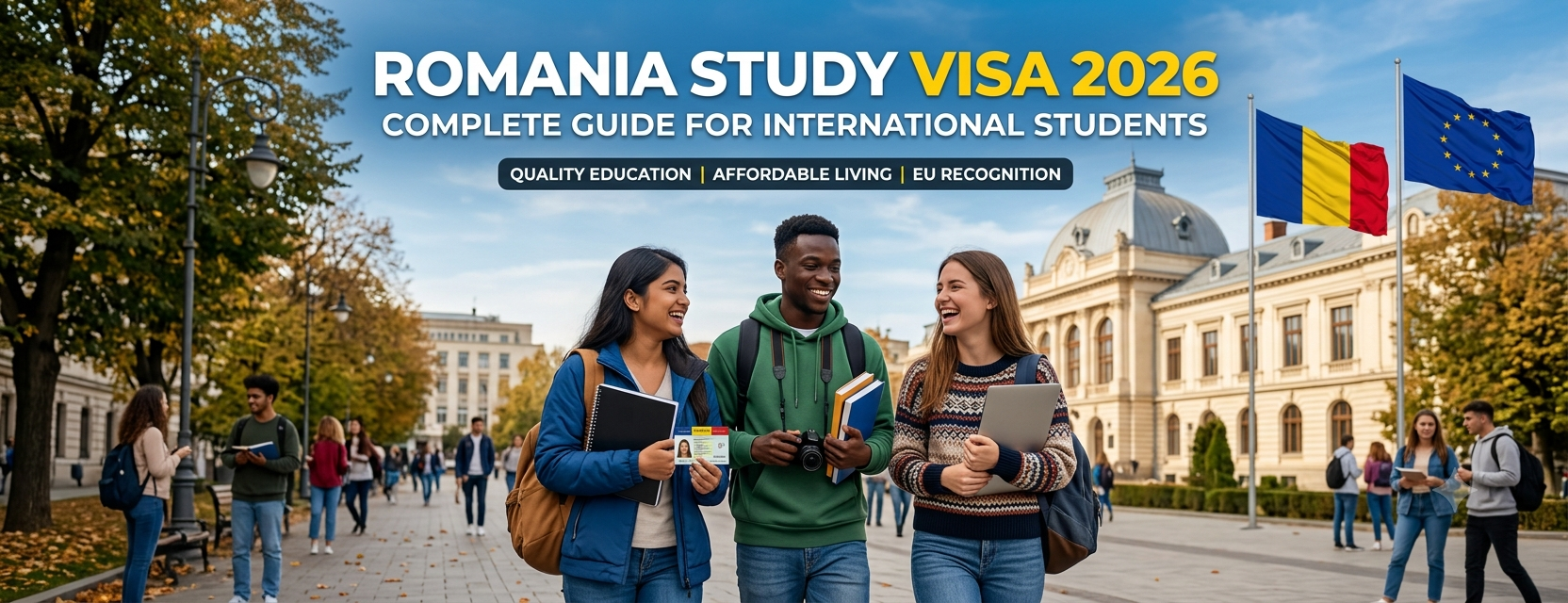 Romania Study Visa 2026 guide showing visa requirements, application process, documents, tuition fees, and study opportunities.