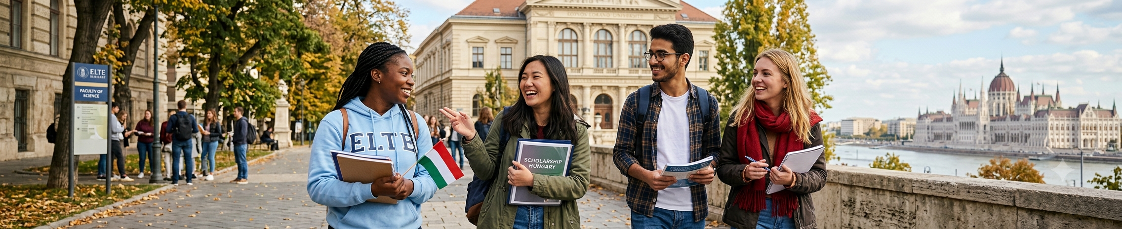 A wide banner photograph captures four happy, diverse international students walking on a paved pathway on the ELTE university campus in Budapest, Hungary, during autumn. Behind them is the grand ELTE building and the iconic Hungarian Parliament building across the Danube River. The students hold notebooks and a small Hungarian flag.