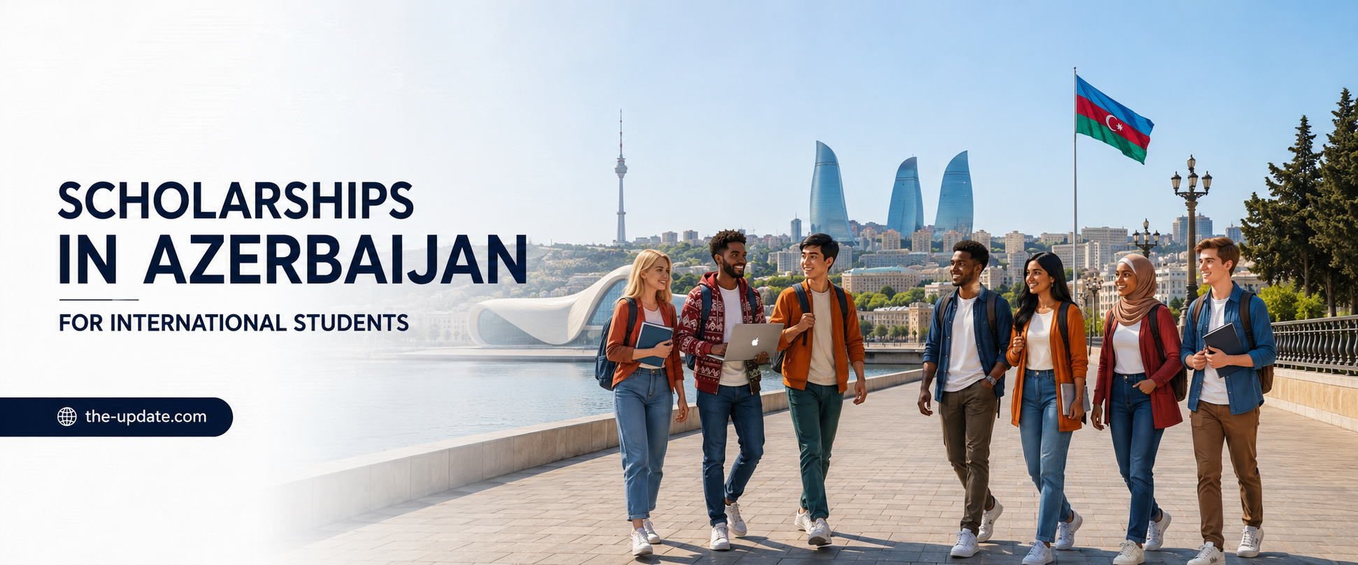 International students walking on a university campus in Azerbaijan with modern academic buildings in the background