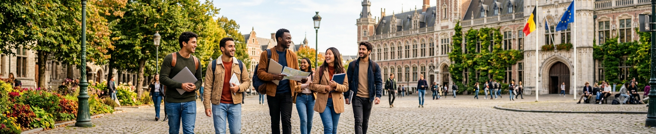 A long, panoramic banner photograph shows a diverse group of six smiling young adults, appearing as international college students with backpacks and study materials, walking and talking together on a sunny day across a cobbled courtyard in a historic Belgian city.