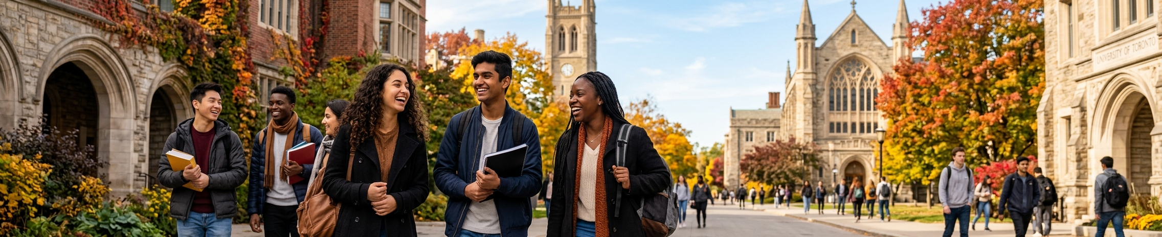 A diverse group of smiling university students walking and talking on a historic Canadian campus with stone architecture and vibrant autumn foliage, designed as a wide banner.