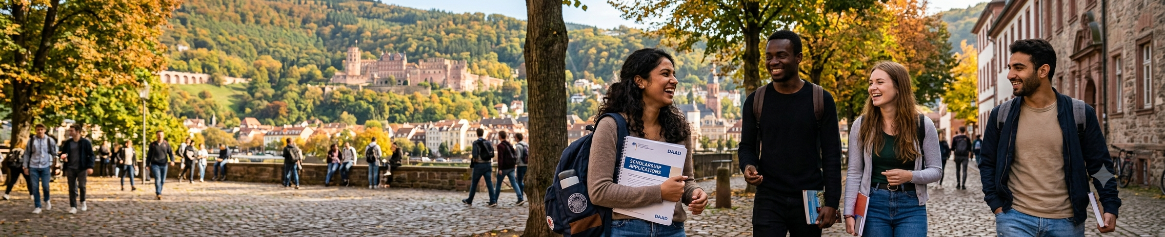A wide 1920x400 banner showcasing a diverse group of international students walking and smiling together on a cobblestone pathway in a historic German university town, with a scenic castle nestled in the autumn-colored hills in the background.