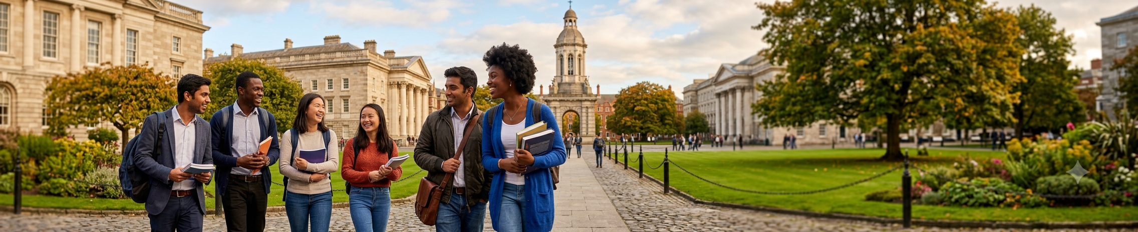 A wide, panoramic banner featuring a diverse group of international students walking and smiling together on a historic, cobblestone university campus in Ireland, surrounded by classic stone architecture and lush green lawns under a bright sky.