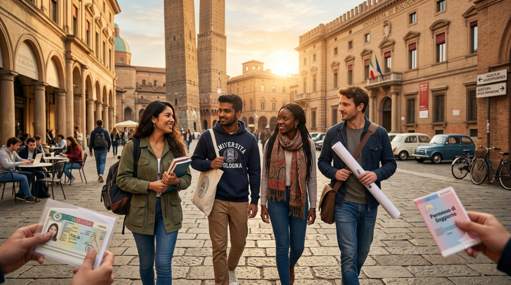 A panoramic photograph of a diverse group of four international university students walking and laughing together through a historic, sunlit cobblestone piazza in Bologna, Italy. In the foreground, hands hold up a mock Italian student visa and a 'Permesso di Soggiorno' booklet.