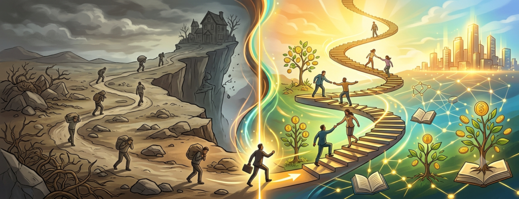 A widescreen, split-perspective conceptual illustration contrasting a scarcity mindset on the left with an abundance mindset on the right. The left side is rendered in bleak, monochromatic tones of grey and brown, showing exhausted people carrying heavy sacks up a rugged, barren mountain toward a crumbling house on a cliff under stormy clouds. The right side is bathed in warm, vibrant golden and teal light, featuring people supporting each other as they ascend a winding, glowing staircase toward a modern, sunlit city skyline. This side is filled with growing money trees, open books symbolizing knowledge, and a glowing network grid. A single figure in a suit steps across the central divide from the dark side toward the illuminated path.