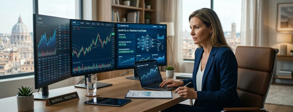 A professional woman in her early 40s sits at a modern office desk looking at multiple computer monitors displaying financial data, stock charts, and an AI trading platform dashboard with a city skyline visible through the window behind her.
