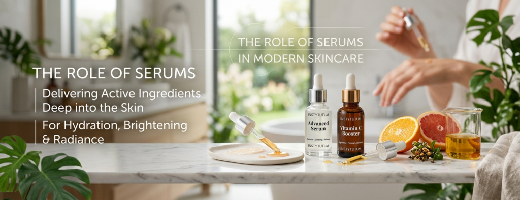 A wide, bright banner image showcasing two skincare serum bottles ("Advanced Serum" and "Vitamin C Booster") labeled "INSTYTUTUM" on a white marble countertop in a bright bathroom. The image features fresh citrus fruits, a dropper releasing golden serum, and overlay text reading "The Role of Serums in Modern Skincare.