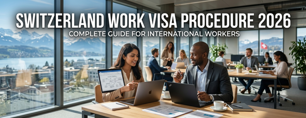 Professional worker holding a Switzerland work visa with the Swiss flag in the background representing employment opportunities in 2026.