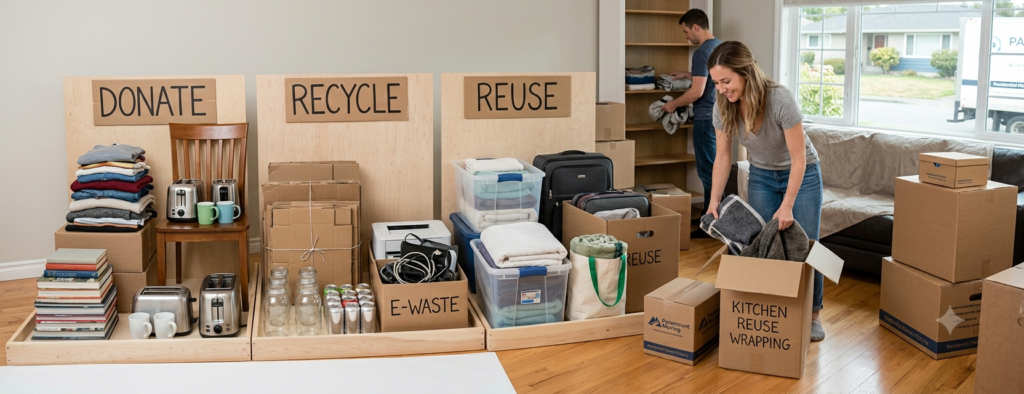 Eco-friendly moving illustration showing reuse, recycling, and donation of household items during relocation