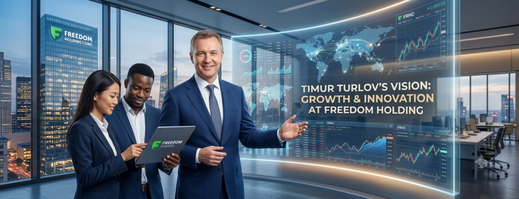 A panoramic banner showcasing a professional corporate setting with a central male executive representing Timur Turlov gesturing toward a large, transparent digital display showing financial growth charts and a world map. Next to him, a diverse man and woman collaborate using a tablet featuring the Freedom Finance logo. A modern skyscraper branded with Freedom Holding Corp is visible through the floor-to-ceiling office windows in the background.
