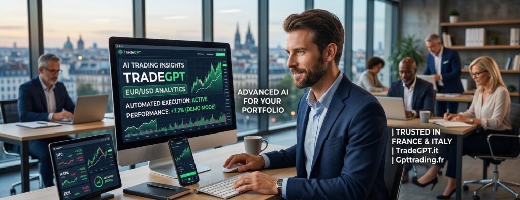 Wide 1920x739 banner showing a confident 35-year-old businessman using a desktop computer displaying the TradeGPT AI trading platform. The screen shows a financial chart with text reading "AI Trading Insights", "TradeGPT", and "Automated Execution: Active". On the desk are a smartphone and a tablet showing additional market metrics. In the background, a modern, sunlit European office features other professional adults working. Text overlays on the right read "ADVANCED AI FOR YOUR PORTFOLIO" and "TRUSTED IN FRANCE & ITALY | TradeGPT.it | Gpttrading.fr".