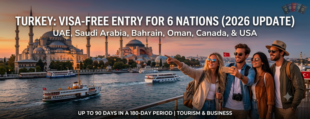 Travelers arriving at a Turkish airport under the 2026 visa-free entry policy for UAE, Saudi Arabia, and other eligible countries.
