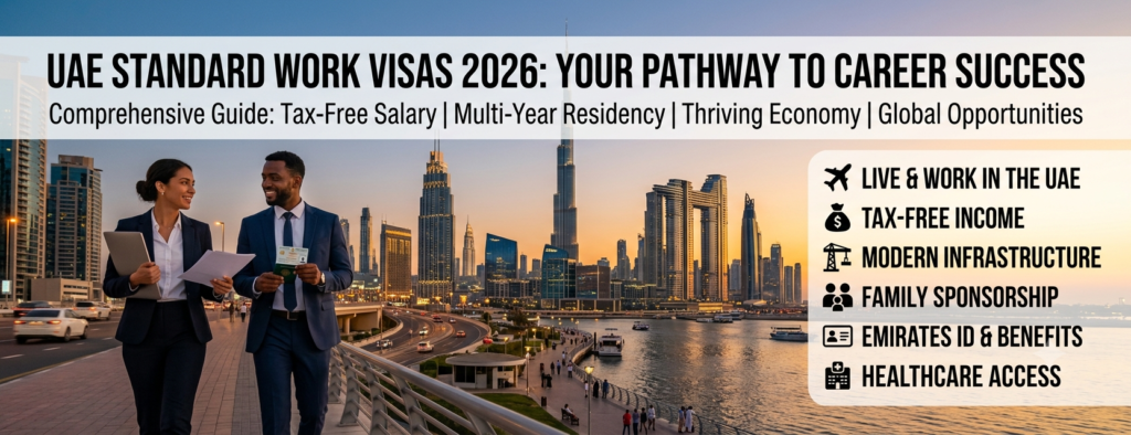 Professional expatriate employees working in a modern office in the UAE under the Standard Work Visa 2026.