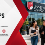Students walking outside the University Canada West campus in Vancouver, Canada.