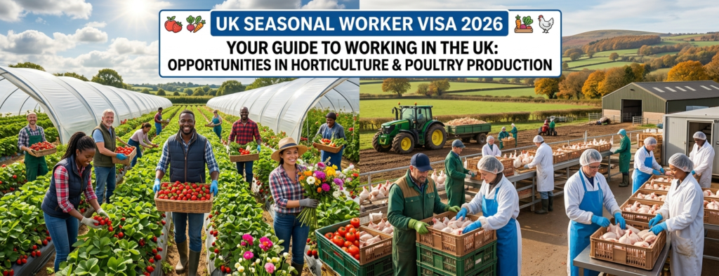 Workers harvesting crops on a UK farm under the UK Seasonal Worker Visa 2026 temporary work permit.